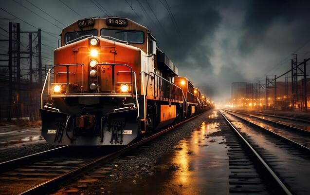 ai-generated-railway-and-freight-train-at-sunset-transportation-and-logistics-concept-photo